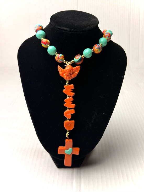 Handmade Jewelry - Handmade Catholic Rosary Necklace Orange Green Clay Beaded What Would Jesus Do